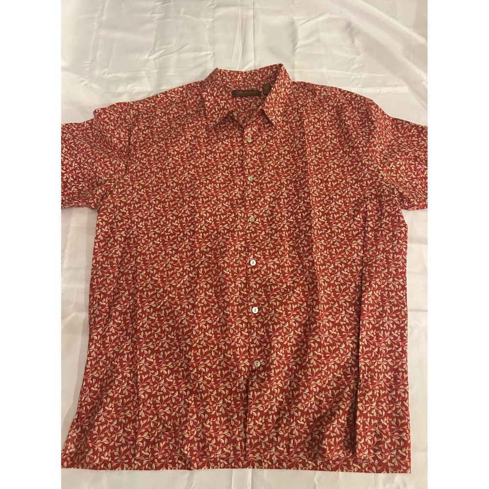 Tori Richard Button Down Mens XL Red Excellent Cotton Lawn Leaf Print Hawaii